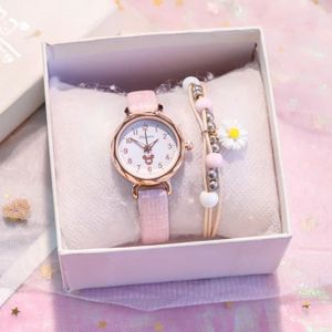 MONTRE Coffret montre enfant fille + bracelet – chrysanthème mode bracelet en cuir adolescent rose cadeau