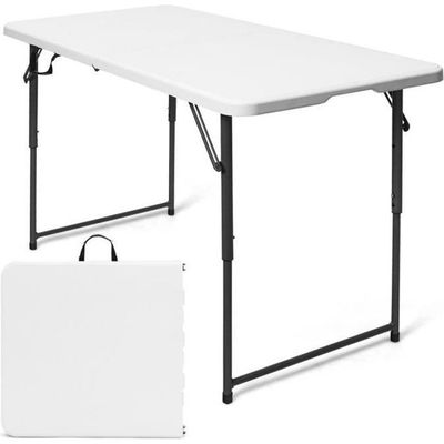 COSTWAY Table Pliante Camping 122x61x72 Cm – Table Jardin Plastique Acier Robuste Blanche Avec Poignées