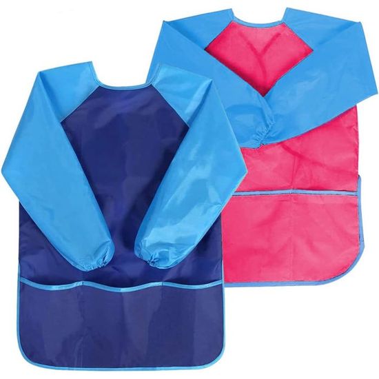 Tablier Enfants Gwolf Avec Manches Longues Et 3 Poches – Lot De 2 (bleu + Rose), 65 X 52 Cm, Imperméable, Sans BPA, Pour Peinture Et Cuisine