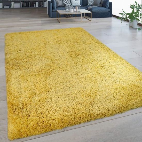 Tapis Salon Poils Longs Lavable Shaggy Aspect Flokati Uni Jaune, Dimension120x160 cm[1415
