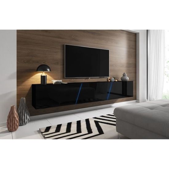 3xeLiving Meuble TV suspendu moderne et tendance Aczi noir / noir brillant 240cm LED