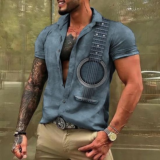 Chemise Manches Courtes Homme à Col Cubain - Imprimé Touches De Piano, Polyester, Pour été, Plage, Vacances