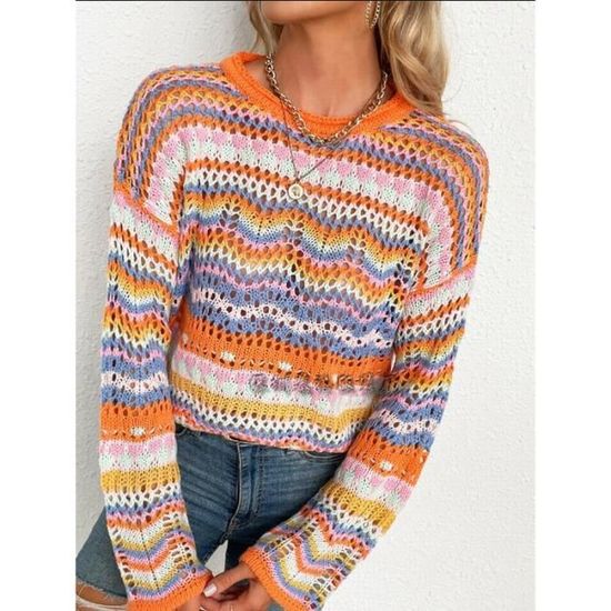 Pull Vintage Duplex Années 90 Motifs Géométriques Multicolore - Taille L - Coton Et Ramie