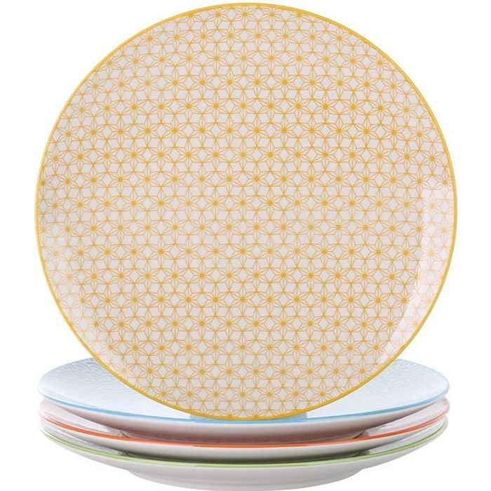 Vancasso NATSUKI 4pcs Assiettes Plates Rond Porcelaine 27cm Service de Table Vaisselles Plats 4 Couleurs Style Japonais