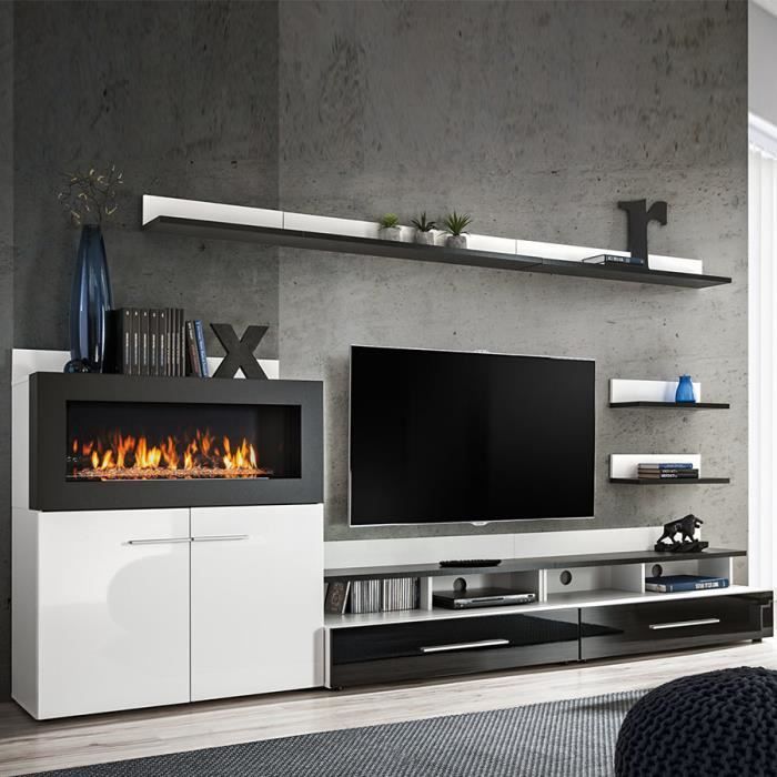 Meuble TV avec rangement et cheminée noir laqué MARTANO Blanc L 290 x P 45 x H 150 cm