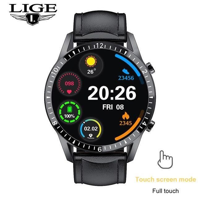 LIGE – montre connectée de Sport pour hommes, écran tactile, cercle complet, étanche, Sport, Fitness Leather strap black -CLAT3590