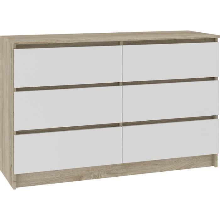 CUPID - Grande commode de chambre 6 tiroirs - 138x77x40 cm - Meuble de rangement - Style scandinave - Sonoma Blanc