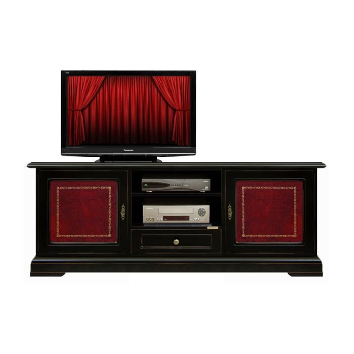 Banc tv laqué noir avec cuir bordeaux
