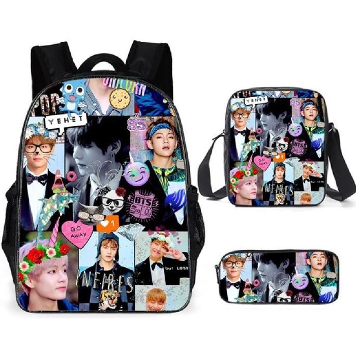 Lot de 3, BTS Bangtan Boys 3D Impression Sac à Dos, Sacoche et Trousse à crayons - D