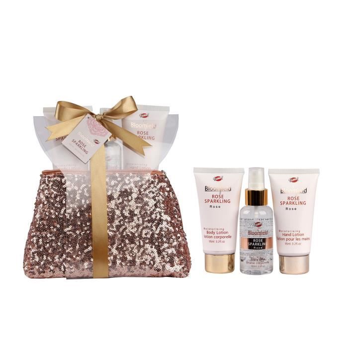 Coffret beauté de bain - Sacoche bien être rose disco incluant une brume corporelle - Collection Rose Champagne - Eau de Rose et Lie