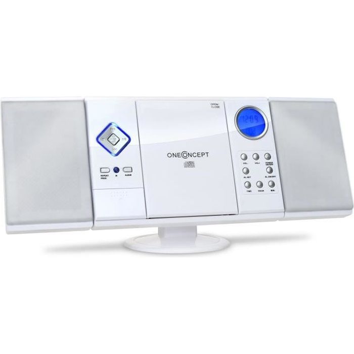 OneConcept V-12 - Chaine stéréo ultra-plate avec radio, lecteur CD-MP3 et ports USB SD (AUX, fonction réveil, AM-FM) - blanc