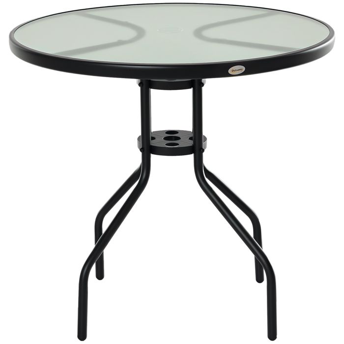 Table ronde bistrot de jardin dim. Ø 80 x 72H cm espace installation parasol acier époxy noir plateau verre trempé 80x80x72cm Noir