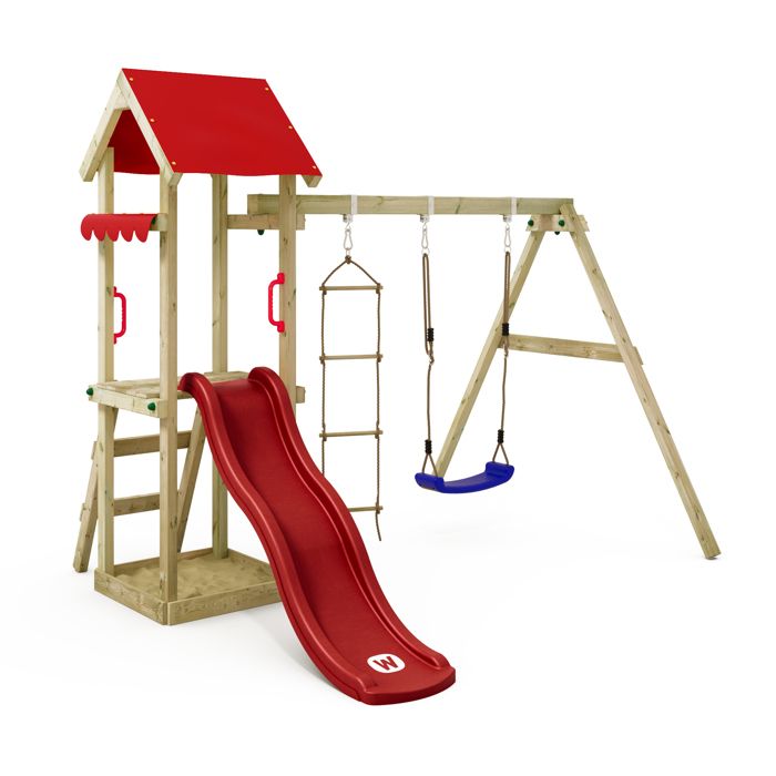 WICKEY Aire de jeux Portique bois TinyCabin avec balançoire et toboggan rouge Maison enfant extérieure avec bac à sable
