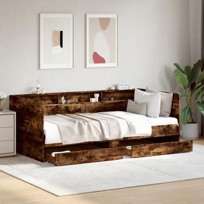 vidaXL Lit de jour avec tiroirs sans matelas chêne fumé 100x200 cm 3280843