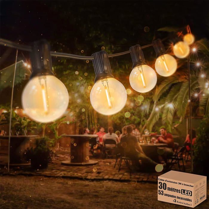 Guirlande Lumineuse Guinguette Extérieure 30M 52 Ampoules LED - Étanche - Blanc Chaud - GLUROO