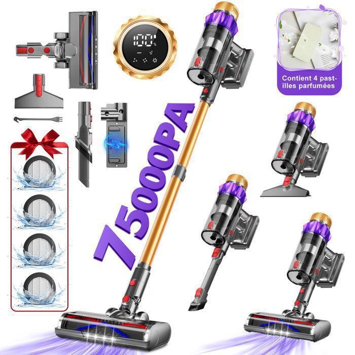 Aspirateur Balai Sans Fil 550W/48kPa/70Min, 2.0L Aspirateur Sans