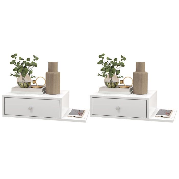 Lot de 2 tables de chevet murales - HOMCOM - lot de 2 tables de nuit - étagère latérale et tiroir - 55l x 30P x 15H cm - MDF blanc Lot de 2 tables de chevet murales - HOMCOM - lot de 2 tables de nuit - étagère latérale et tiroir - 55l x 30P x 15H cm - MDF blanc