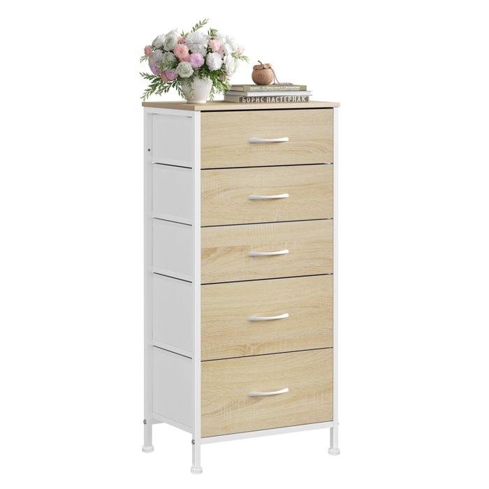 Commode WOLTU - Chiffonnier avec 5 Tiroirs en Tissu - Armoire MDF et métal - Chêne Clair+Blanc W0ITT5021
