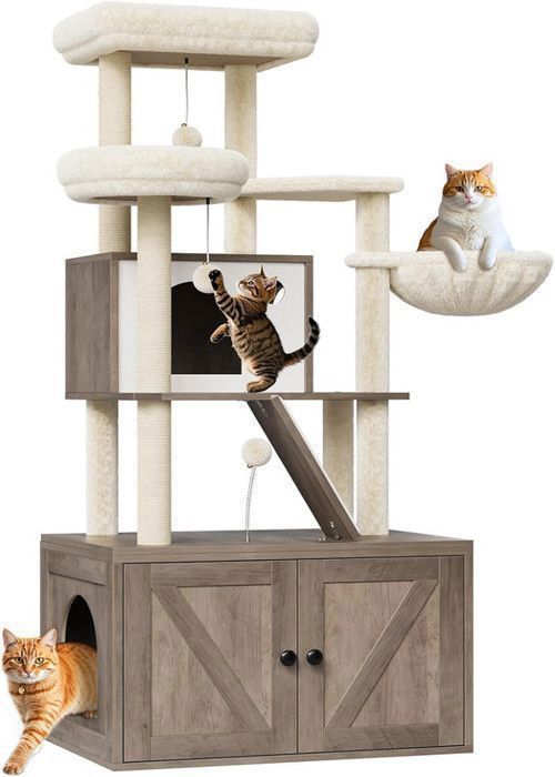 Meilleurs prix pour Arbre à Chat Moderne avec Cache-litière, Tour de Jeu,Griffoir avec Maison de Toilette,150 cm,gris