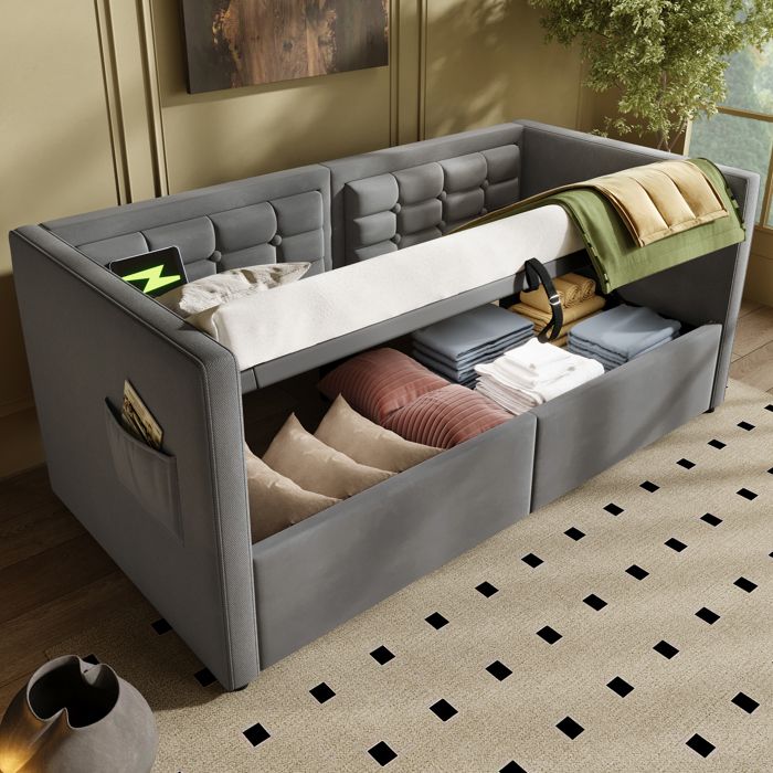 Lit coffre enfant 90x190 cm - avec espace de rangement - avec USB et Type-C - velours - gris