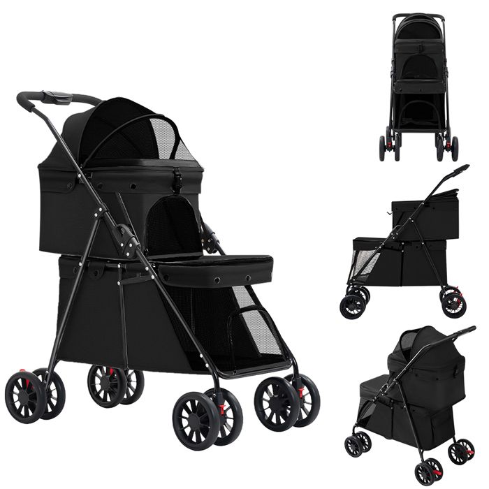 Meilleurs prix pour Double Couche Poussette pour Animaux - Détachable et Pliable - Max:60kg - Pour 2 petits chiens + chats - 67 x 50 x 95 cm - Noir