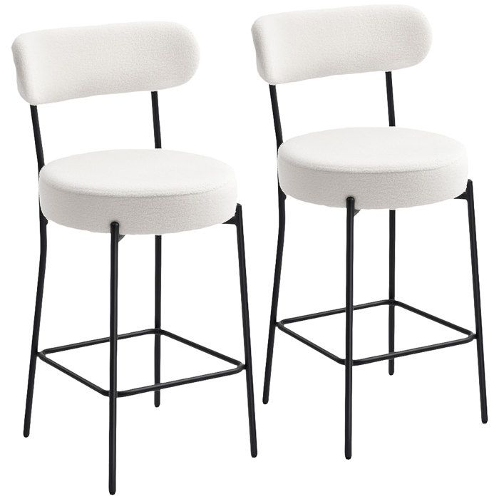 Lot de 2 tabourets de bar - HOMCOM - assise large dossier courbé et repose-pieds - tissu bouclette - 49x52x95cm - crème