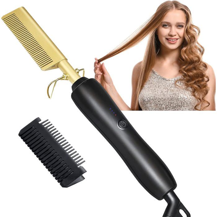Peigne Chauffant Peigne Chauffant Lissant Afro 3 Réglages de Température Portable Rapide-Chauffage Brosse Lissante