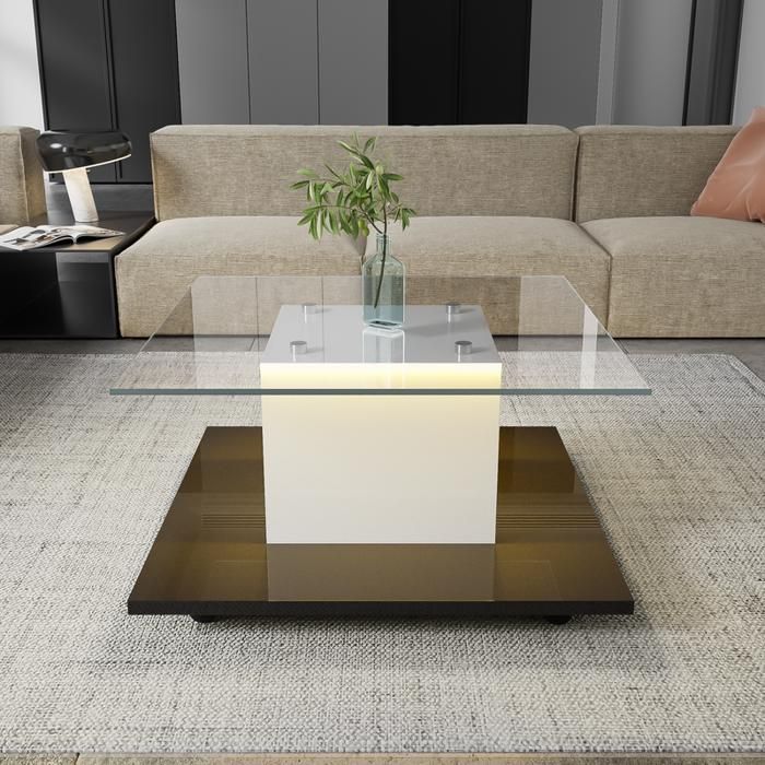 Table basse salon 80x80x40 cm avec roulettes pivotantes Table de salon en verre brillant Blanc+Noir