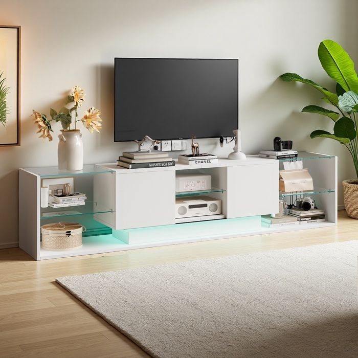Meuble TV LED Brillant Meuble Salon avec Structure en Panneau Chipboard et Tablettes en Verre Trempé Design Moderne Blanc