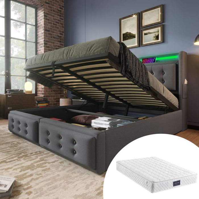 Lit coffre rembourré 160x200 gris — tête LED port USB‑C sommier à lattes matelas inclus