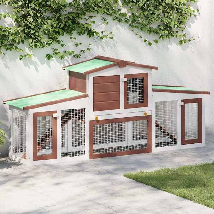 Clapier dextérieur en bois - vidaXL - 201x45x85 cm - Brun et blanc - Bois de sapin - Toit en asphalte