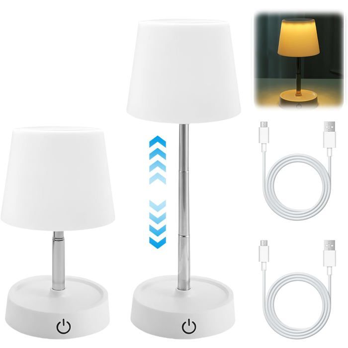 lampes de table LED rechargeables par USB : lampe de table sans fil réglable en hauteur lampe de chevet tactile télescopiqu 2pcs