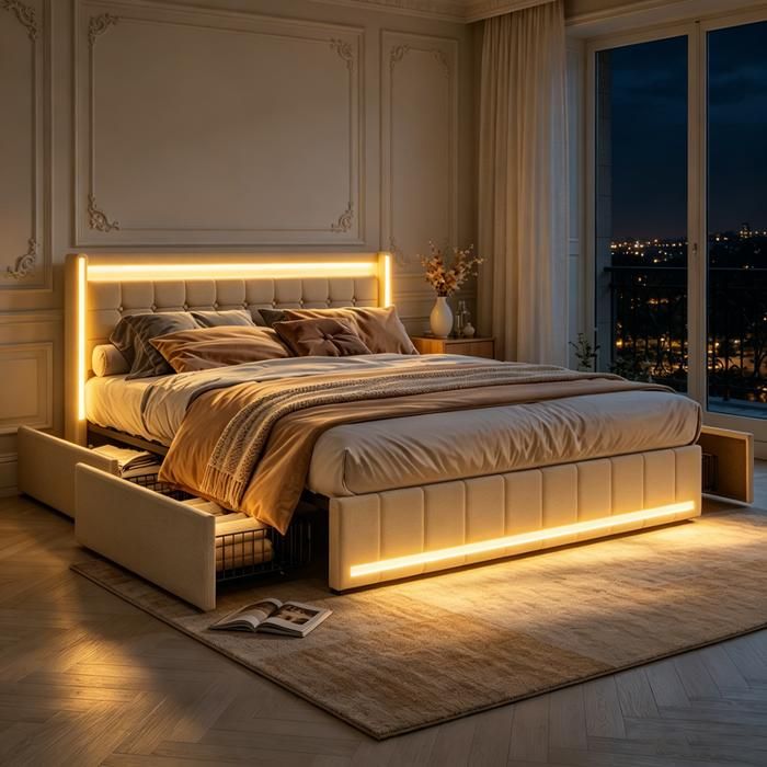 Lit coffre 140x190 - MSUIINT - beige en lin - LED multicolore USB & Type-C 4 tiroirs structure métallique robuste