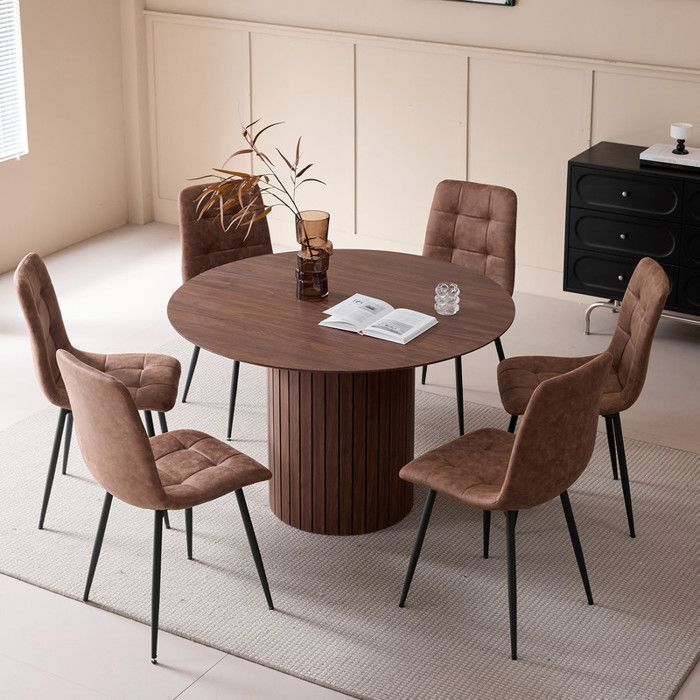Table à manger - Piètement en bois - Grand plateau en MDF - Table ronde pour 4 à 6 personnes - 120 cm (L) x 76 cm (H)-Couleur noyer