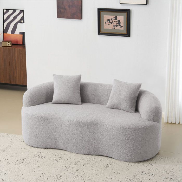 Canapé 2 places gris clair design courbé sans montage accoudoirs arrondis avec 2 coussins