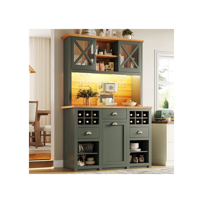 Buffet haut vert - Meuble de rangement de cuisine avec éclairage LED et prises intégrées - 120 x 45 x 188 cm
