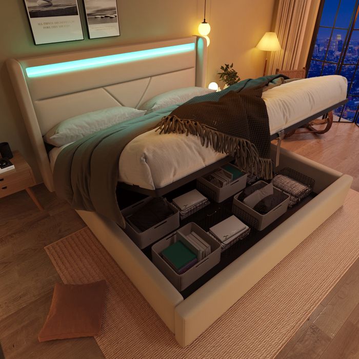 Lit Coffre Hydraulique 160x200 cm Lit 2 Places Rembourré avec Rangement LED Tête de Lit Sommier Relevable - Similicuir PU - Blanc