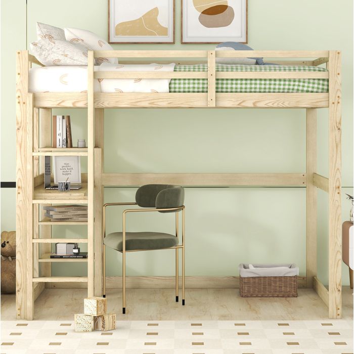 Lit mezzanine 140x200 cm en pin naturel avec bureau et 4 étagères de rangement