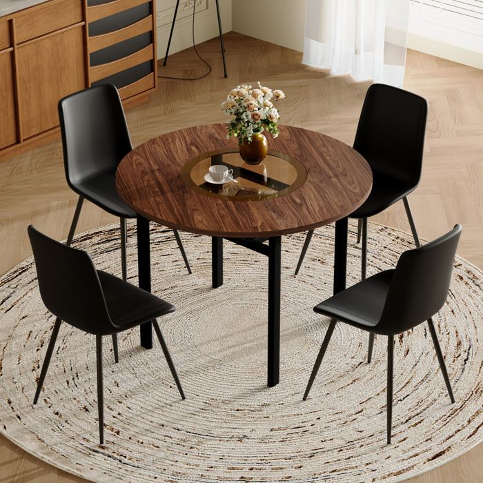 Ensemble table ronde avec 4 chaises EVRYAE 100 cm aspect bois marron rangement en verre salle à manger
