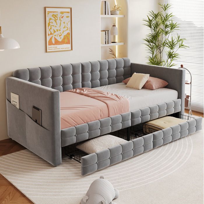ULEVR lit banquette rembourré 90 x 190 cm en velours gris avec 2 tiroirs poches latérales et sommier à lattes