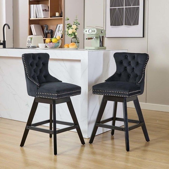 Tabouret de bar pivotant - Lot de 2 - Pivot 360° - Dossier incurvé - Pieds en hévéa massif