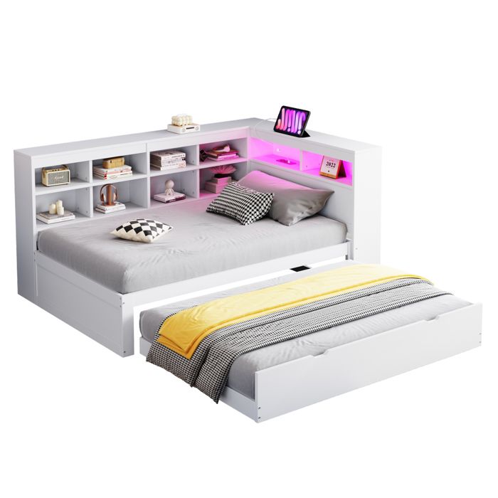 Lit banquette 90x200 cm avec gigogne 90x190 USB Montage Facile LED et rangements pour chambre en bois blanc