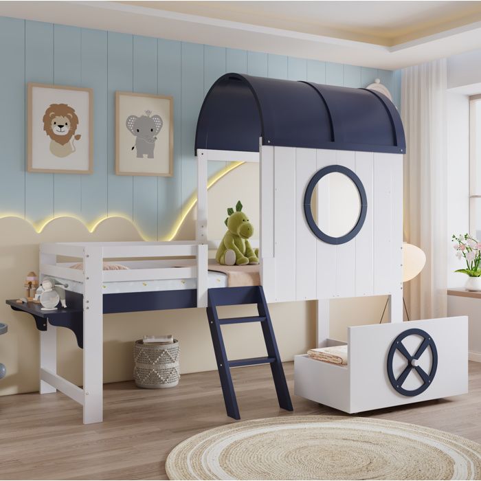Lit mezzanine enfant 90x200 cm - FloraGrace avec Toit Fenêtres et Tiroir à Roulettes sans Matelas - Blanc et bleu foncé