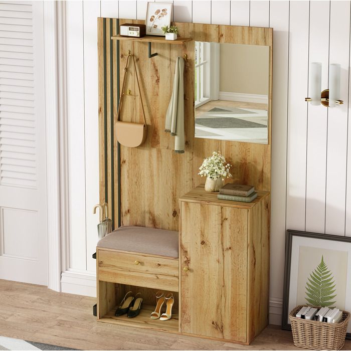Meuble d’entrée vestiaire 115 x 37 x 185 cm avec miroir assise rembourrée étagères réglables MDF naturel/noir