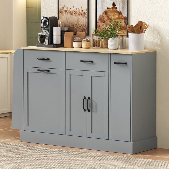 Meuble buffet pour salle à manger salon et cuisine tiroirs assortis compartiment poubelle étagère à épices gris