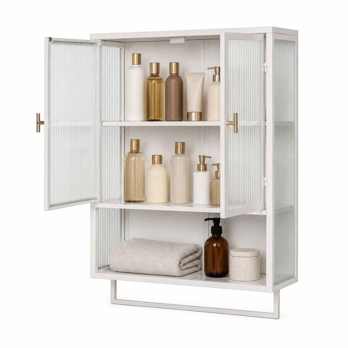 Armoire murale de salle de bain – 2 portes vitrées – 2 niveaux étagère ouverte et porte-serviettes – Blanc