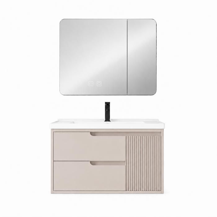Ensemble meuble de salle de bain avec vasque et armoire miroir LED - 80 cm - Kaki - SEREN