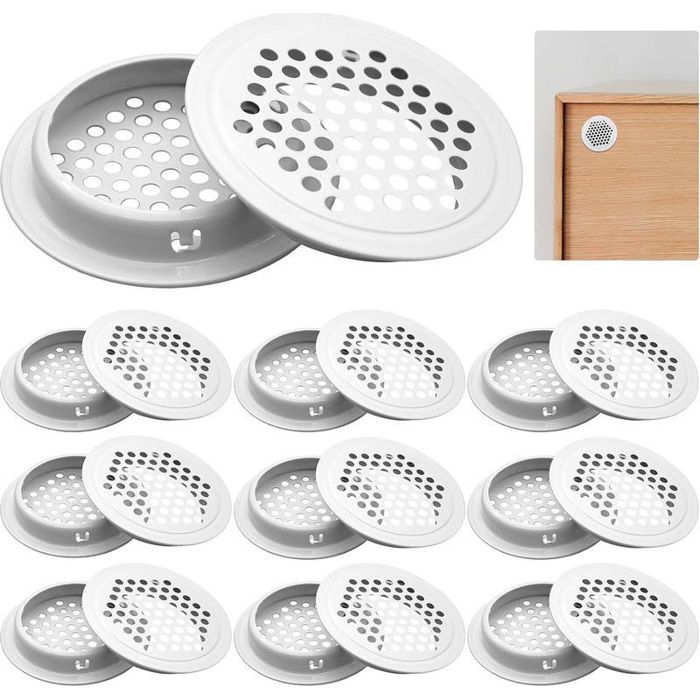 Lot 20 Grilles aération rondes inox 53mm blanches armoire bibliothèque