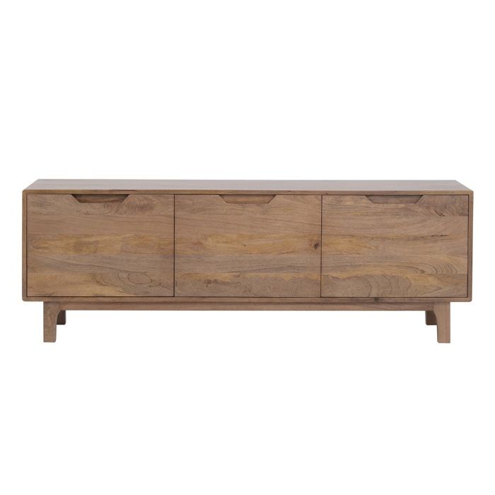 Meuble TV en bois de manguier couleur naturelle 3 portes et pieds en bois 11881 Meuble TV en bois de manguier couleur naturelle 3 portes et pieds en bois 11881