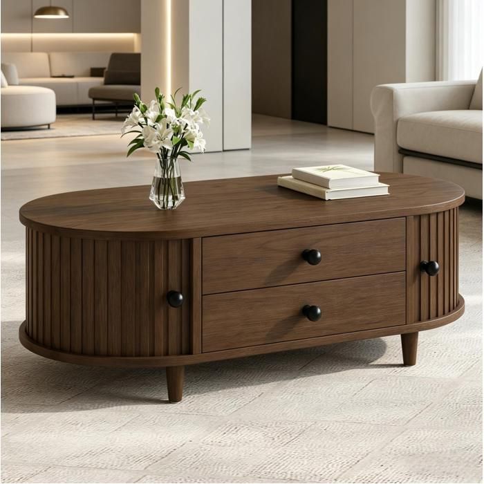 Table basse de salon 100 x 50 x 36 cm coloris noyer MDF 2 tiroirs portes coulissantes pieds en bois massif